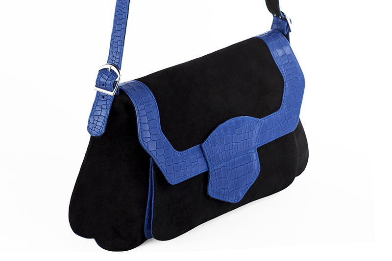 Matt black and electric blue women's dress handbag, matching pumps and belts. Front view - Florence KOOIJMAN